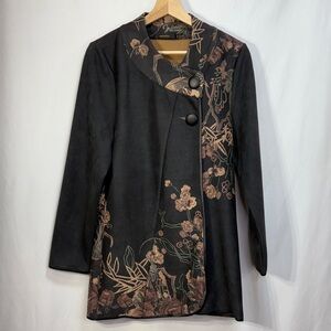 🐊Radzoli Elegant Black long jacket with Asian Floral Design: